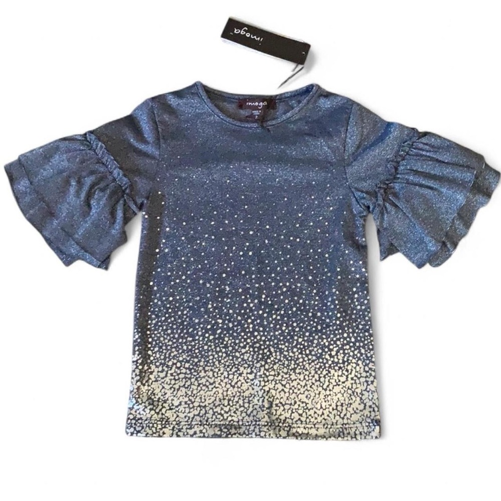 NWT $60 Imoga Candice Tee Ruffle Sleeve Shine Metallic Shirt